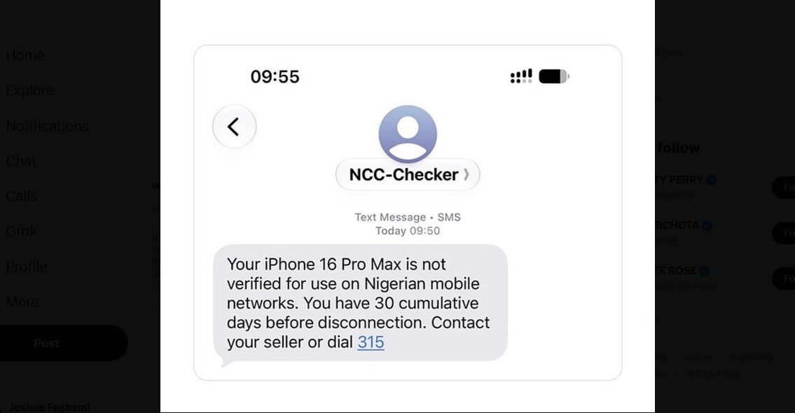 Screenshot of the notification sent to affected users